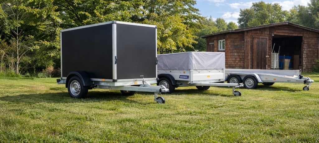 Three enclosed trailers parked in a grassy field with trees and a brick building in the background