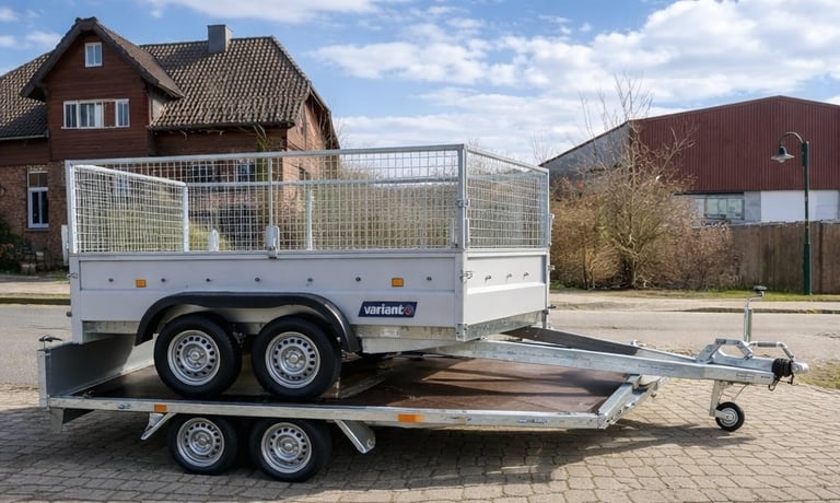 Doppelachsiger Nutzanhänger mit weißem Mesh-Dach auf gepflasterter Einfahrt